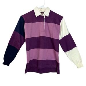 NorthCrest Rugby Shirt Purple Striped Long Sleeve Cotton Polo Medium M 10/12 Kid